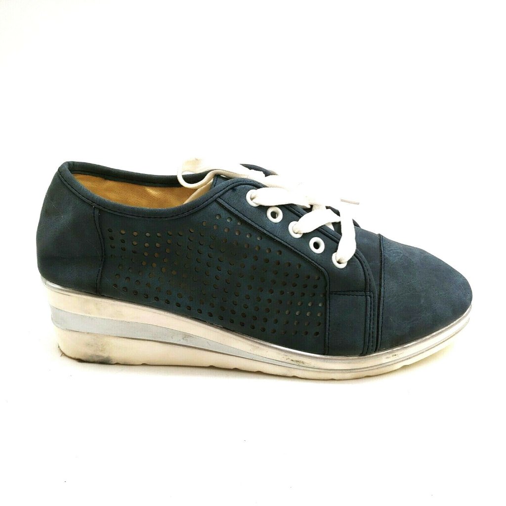 Womans Blue Wedge Perforated Lace Up Sneaker